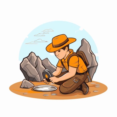 Hiking man with a backpack in the mountains. Vector illustration