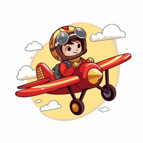 Cute cartoon boy in aviator costume flying in airplane. Vector i