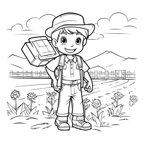 Boy with backpack in the field. Vector illustration for coloring