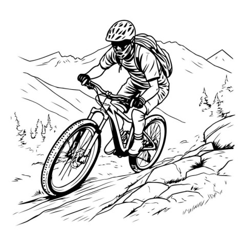 Mountain biker on the road. black and white vector illustration