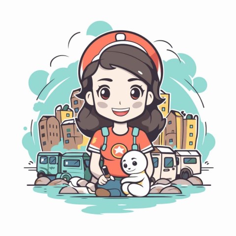 Little girl playing with her toy in the city. Vector illustratio