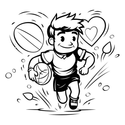 Boy playing basketball - black and white vector illustration for