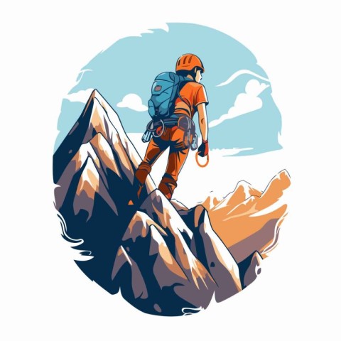 Climber with a backpack climbs up the mountain. Vector illustrat