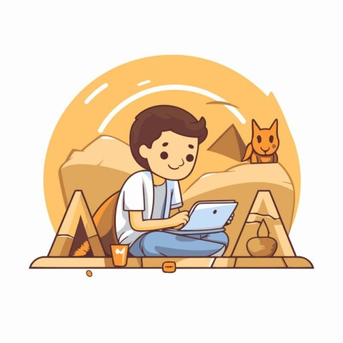 Vector illustration of a boy sitting in front of a tent with a l