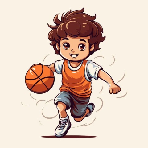 Cartoon boy playing basketball. Vector illustration of a boy pla