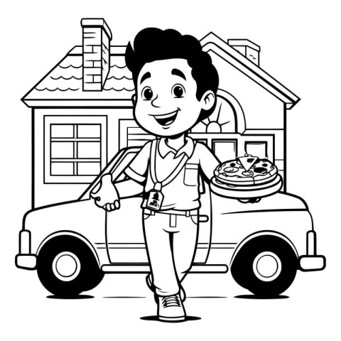 Teenager boy with pizza and car cartoon design vector illustrati