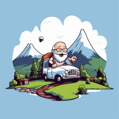 Cartoon old man driving a retro car in the mountains. Vector ill