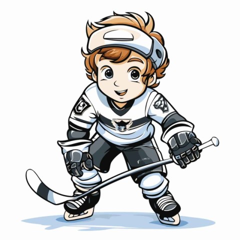 Illustration of a boy playing ice hockey on a white background.