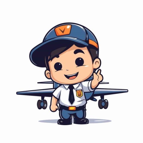 Cute boy pilot with airplane isolated on white background. Vecto