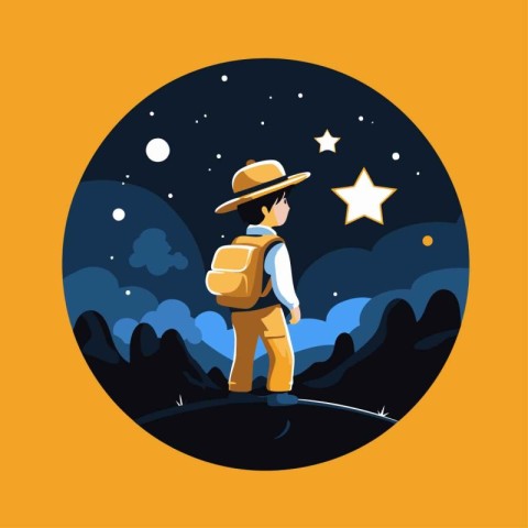 Traveler with backpack walking on rope. Vector illustration in f