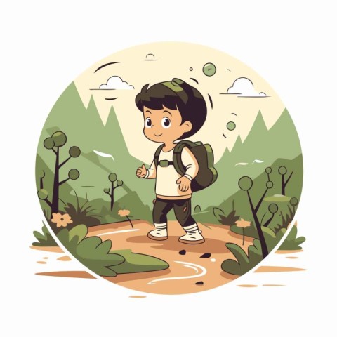 Cute little boy with backpack hiking in nature. Vector illustrat