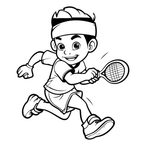 Black and White Cartoon Illustration of Little Boy Playing Tenni