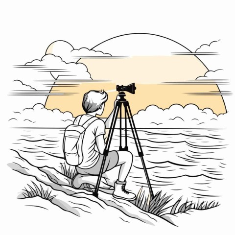 Man taking photos of the sea. Vector illustration in sketch styl