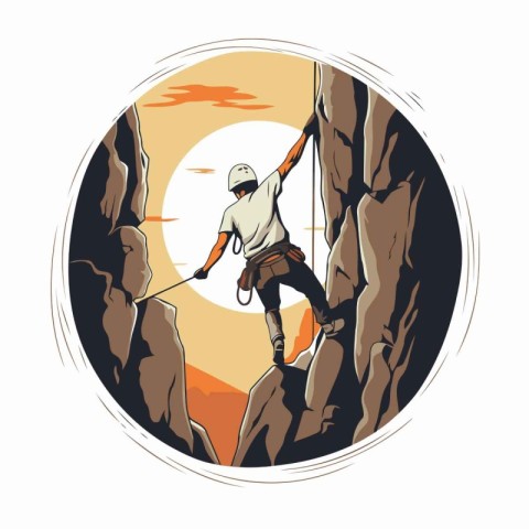 Climber climbing up the cliff. Vector illustration in retro styl