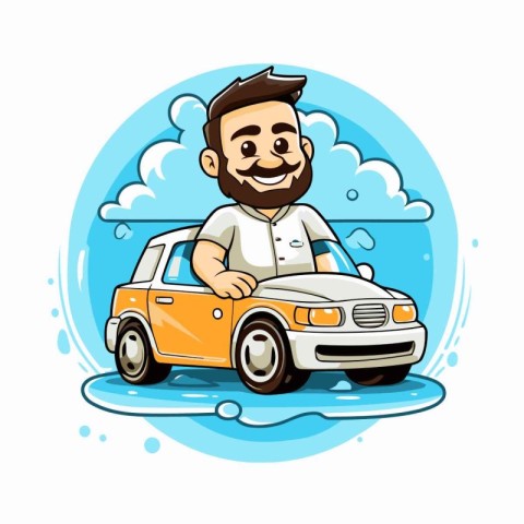 Smiling man driving a car on the road. Vector illustration.