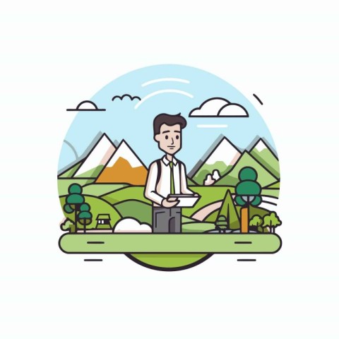 Businessman standing in front of mountain landscape. Flat style