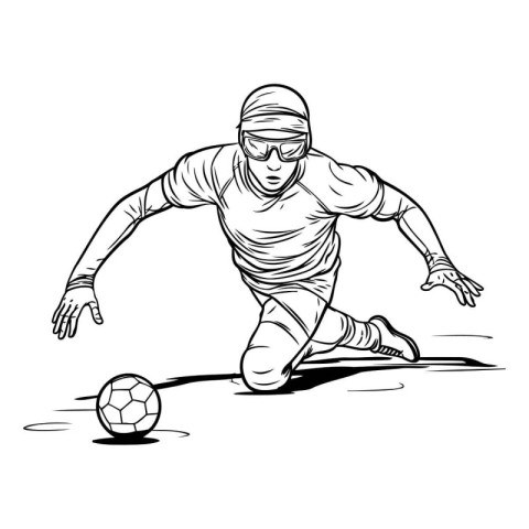 Soccer player with ball. Black and white vector illustration in