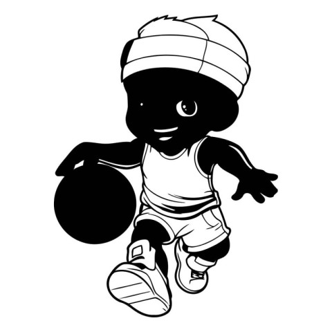 Black and white illustration of a little boy running with a kett