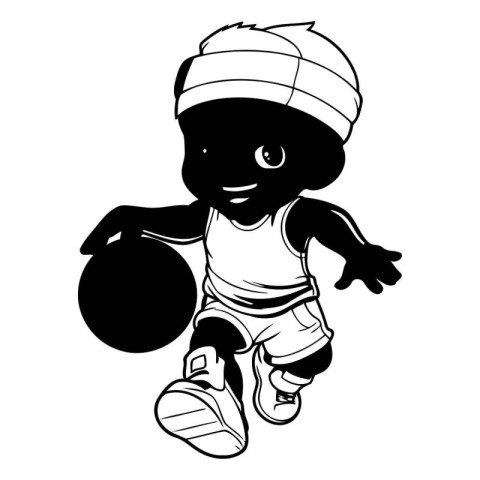 Black and white illustration of a little boy running with a kett