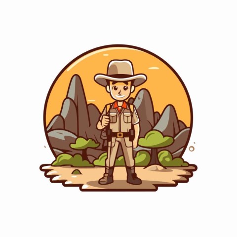 Cartoon safari explorer with backpack and hat. Vector illustrati