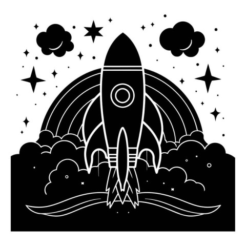 rocket flying in the sky with clouds and rainbow vector illustra