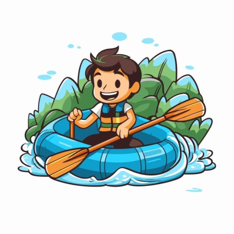 Cute boy in a kayak on the water. Vector illustration.