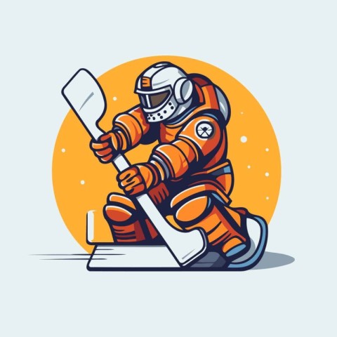 Astronaut with a stick and ice hockey puck. Vector illustration.