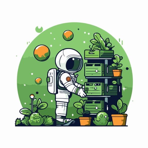 Astronaut with boxes of plants. Vector illustration in cartoon s