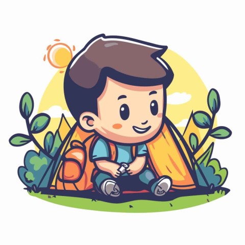 Cute little boy sitting near his tent. Vector illustration in ca