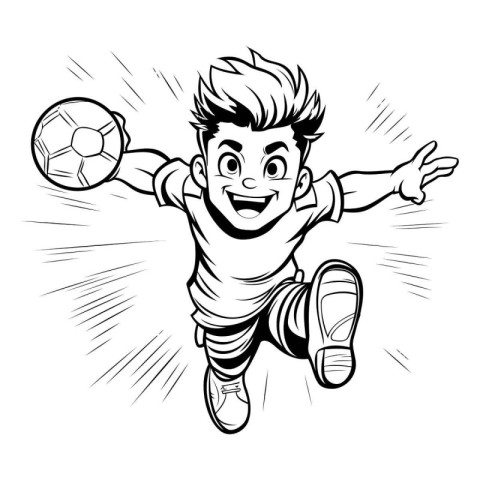 Soccer player jumping with ball. Vector illustration in black an