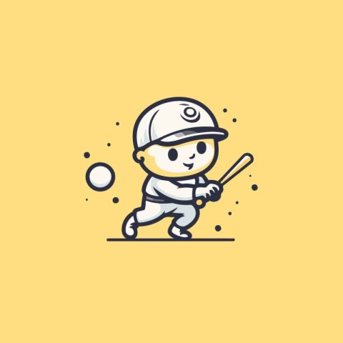 Cute cartoon boy playing baseball. Vector illustration. Line art