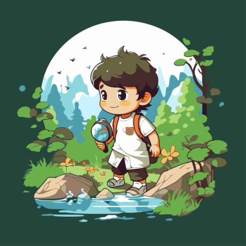 Boy exploring nature with magnifying glass. Vector illustration