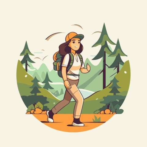 Hiking woman with backpack in forest. Vector illustration in fla