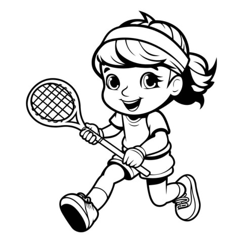 Cute Little Girl Playing Tennis - Black and White Cartoon Illust