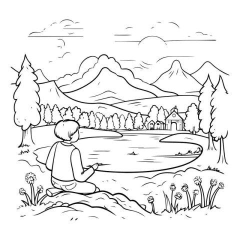 Boy sitting on a rock by the lake and reading a book. Vector ill