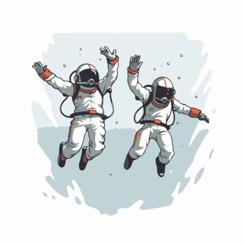 Astronaut in space suit flying with his hands up. Vector illustr