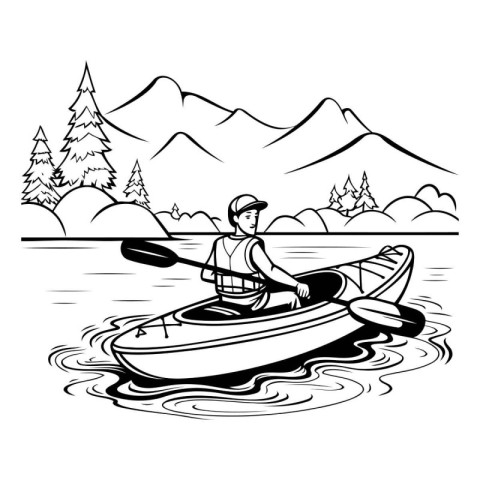 Man paddling a kayak on a lake in mountains. Vector illustration