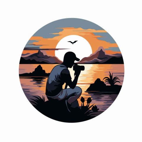 Man sitting on the lake and watching the sunset. Vector illustra