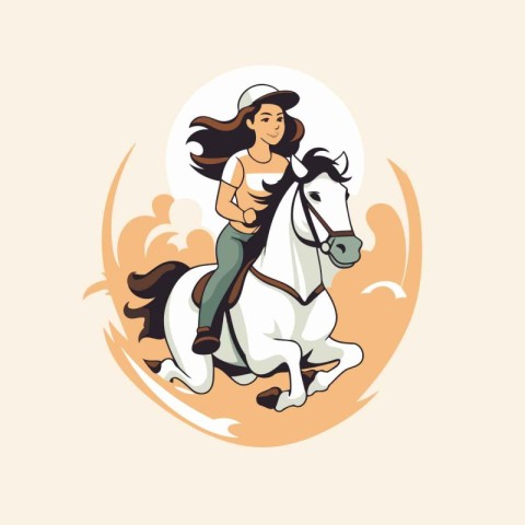 Beautiful young woman riding a white horse. Vector illustration