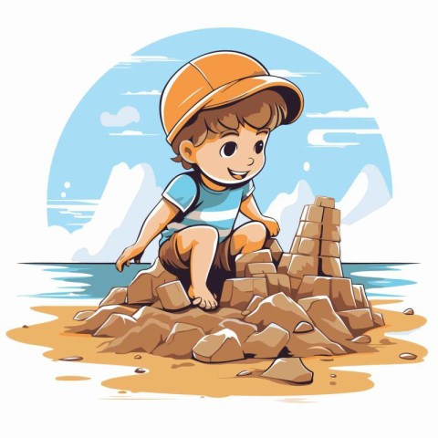 Little boy building sand castle on the beach. Cute cartoon vecto