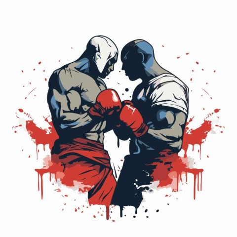 Two kickboxers fighting in grunge style. Vector illustration.