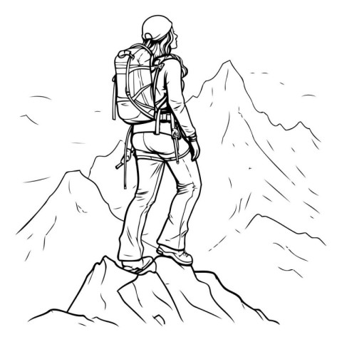 Hiker on the top of a mountain. sketch vector illustration.