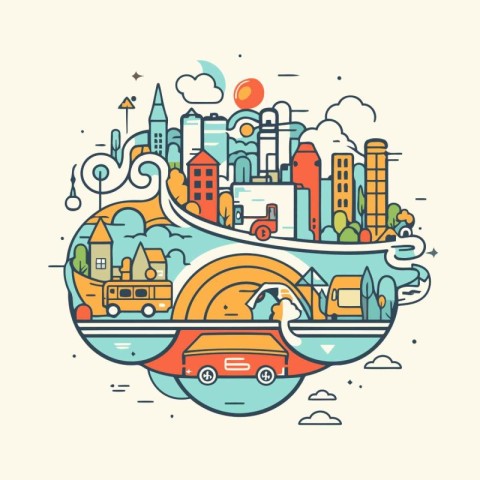 Vector illustration in linear style with city and cars. City lan