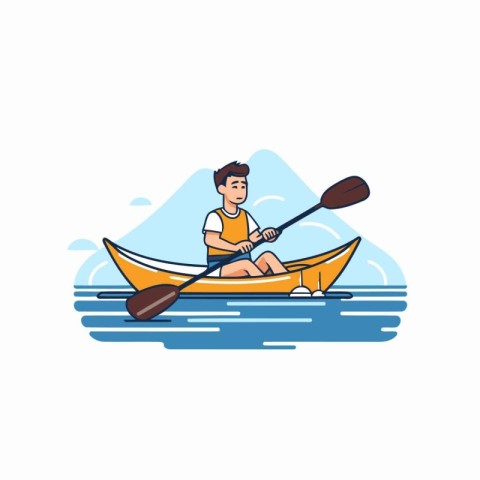 Man paddling a kayak on the sea. Flat style vector illustration.