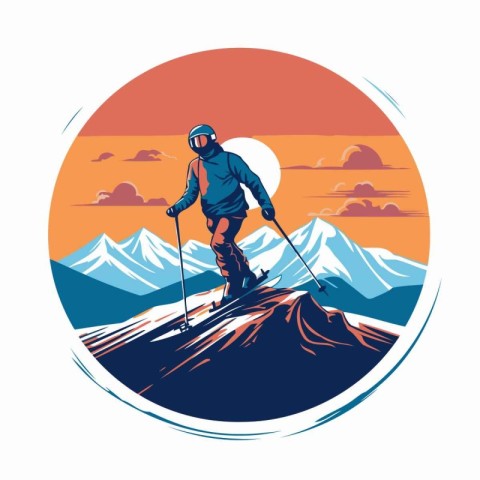 Skier on the top of the mountain.  Vector illustration.