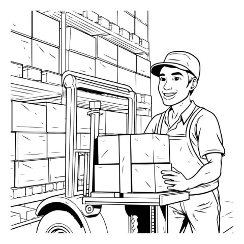 delivery man with boxes in hand truck. black and white vector il