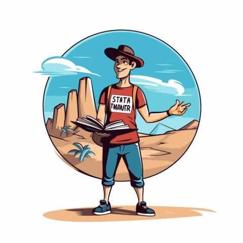 Hiker man with backpack and map in mountains cartoon vector illu