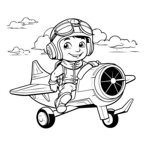 Cute little boy in aviator costume flying in airplane. Vector il