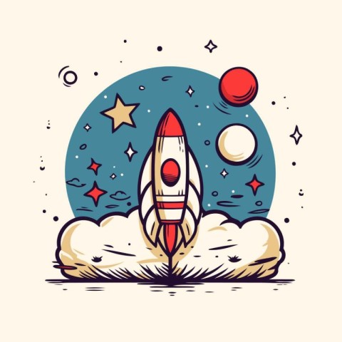 Space rocket in outer space. Hand drawn vector illustration in c