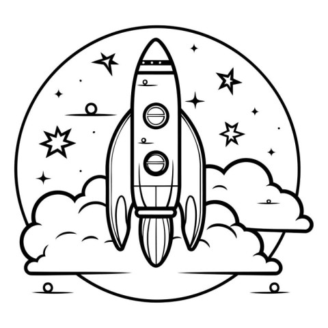 rocket ship flying in the sky with clouds and stars vector illus